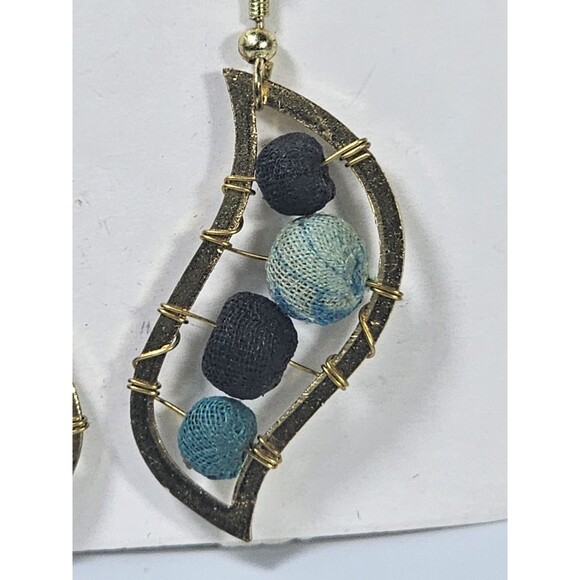 Handmade Boho Dangle Earrings Gold Tone Wire Wrapped Leaf Frame with Fabric Ball - Picture 10 of 10